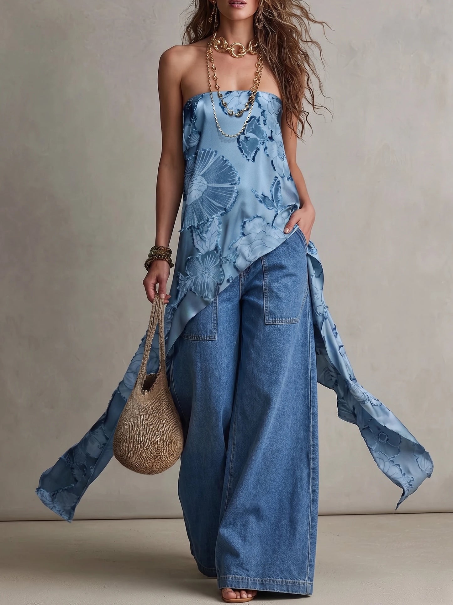 Women Strapless Floral Satin Asymmetrical Long Tail Casual Tube Top