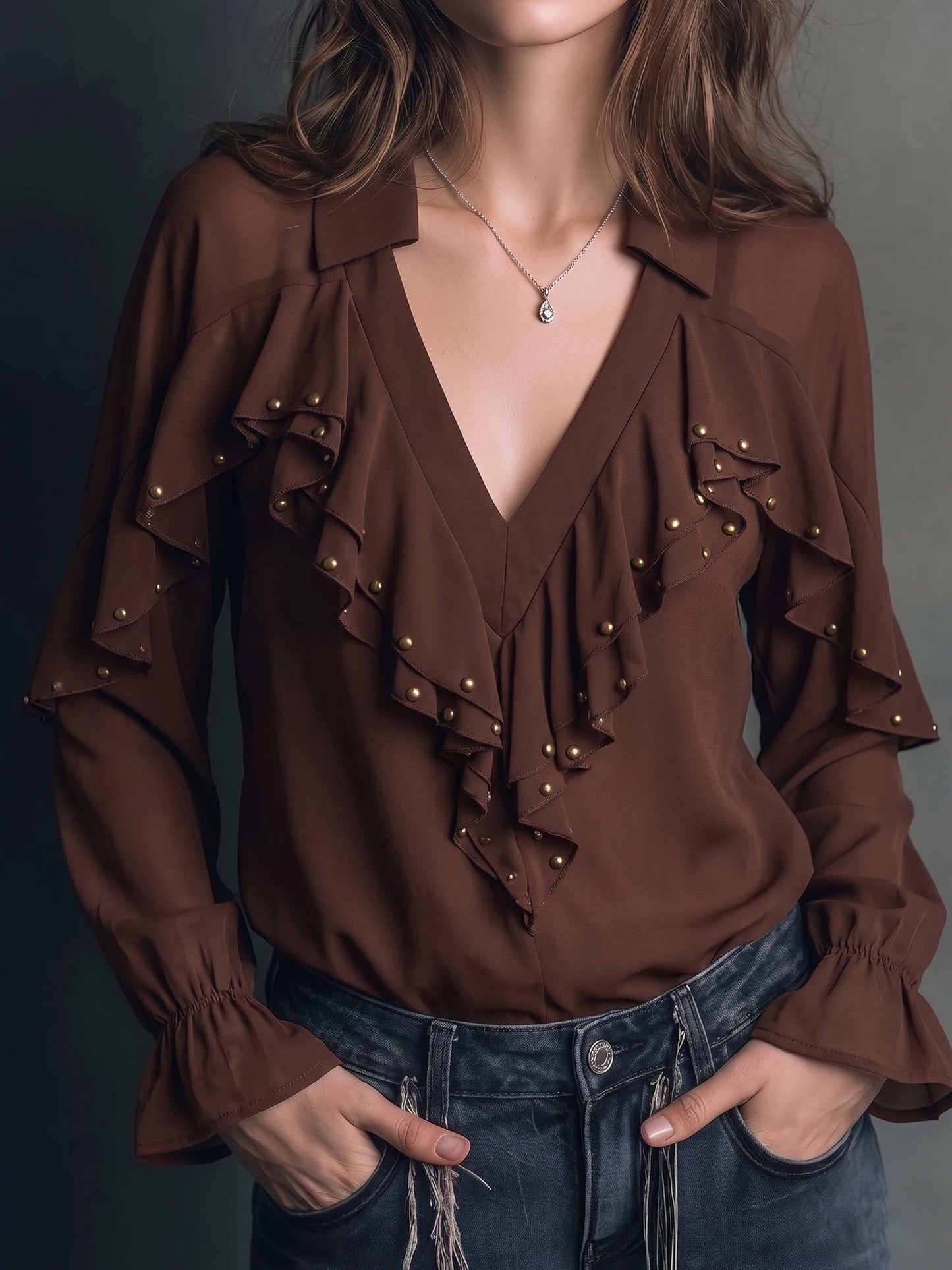 Chocolate Brown Lapel V Neck Ruffle Gold Stud Long Flare Sleeve Chiffon Blouse, Vintage Western Casual Shirt