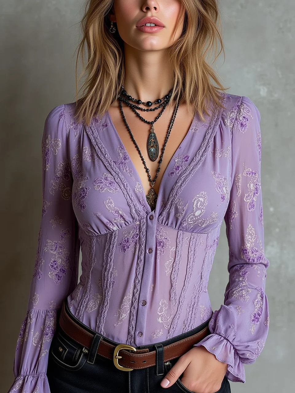 Lavender Lace-Trimmed V-Neck Floral Chiffon Blouse(pre order)