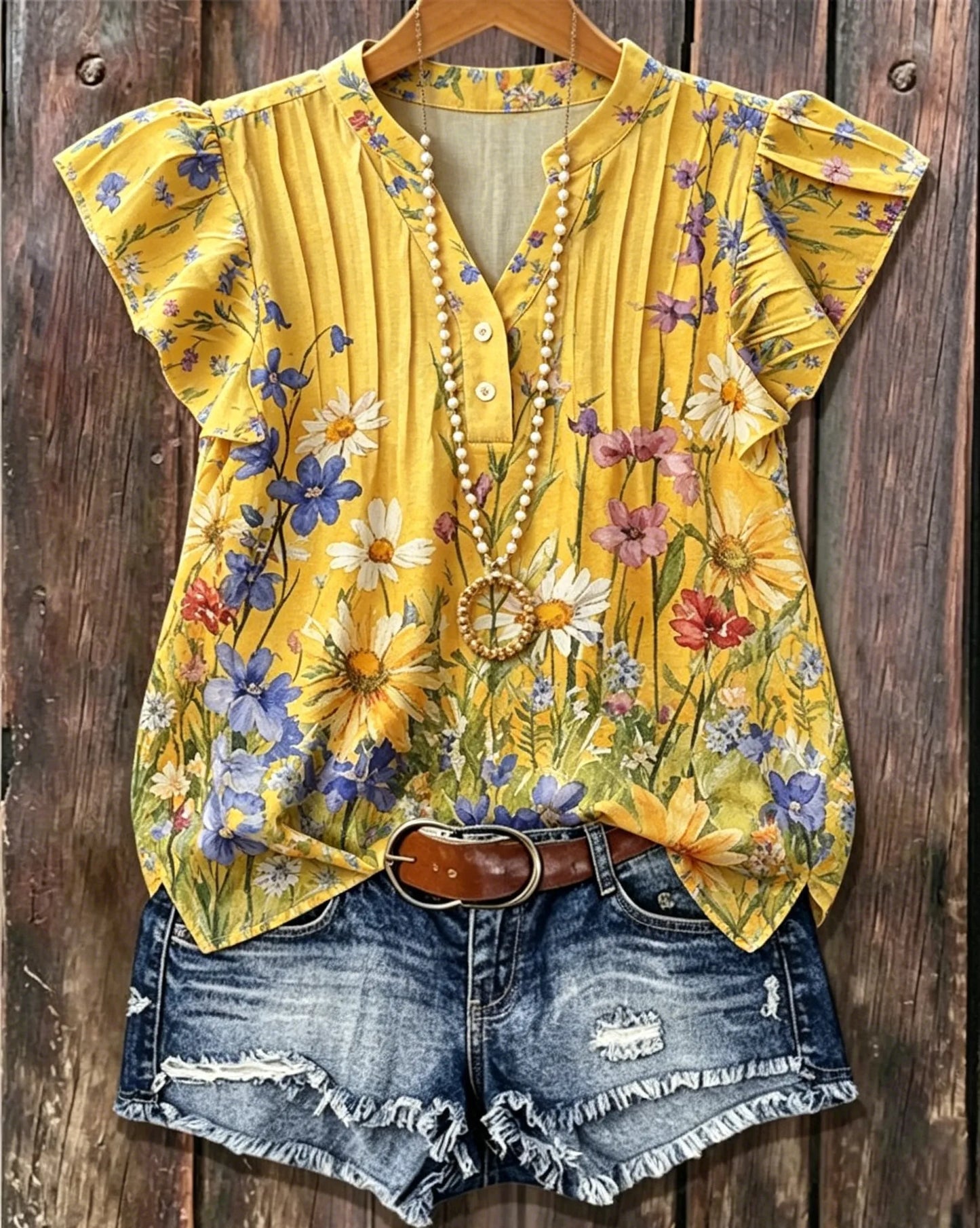 Yellow Floral Print Henley Neck Pleated Ruffle Sleeve Casual Blouse
