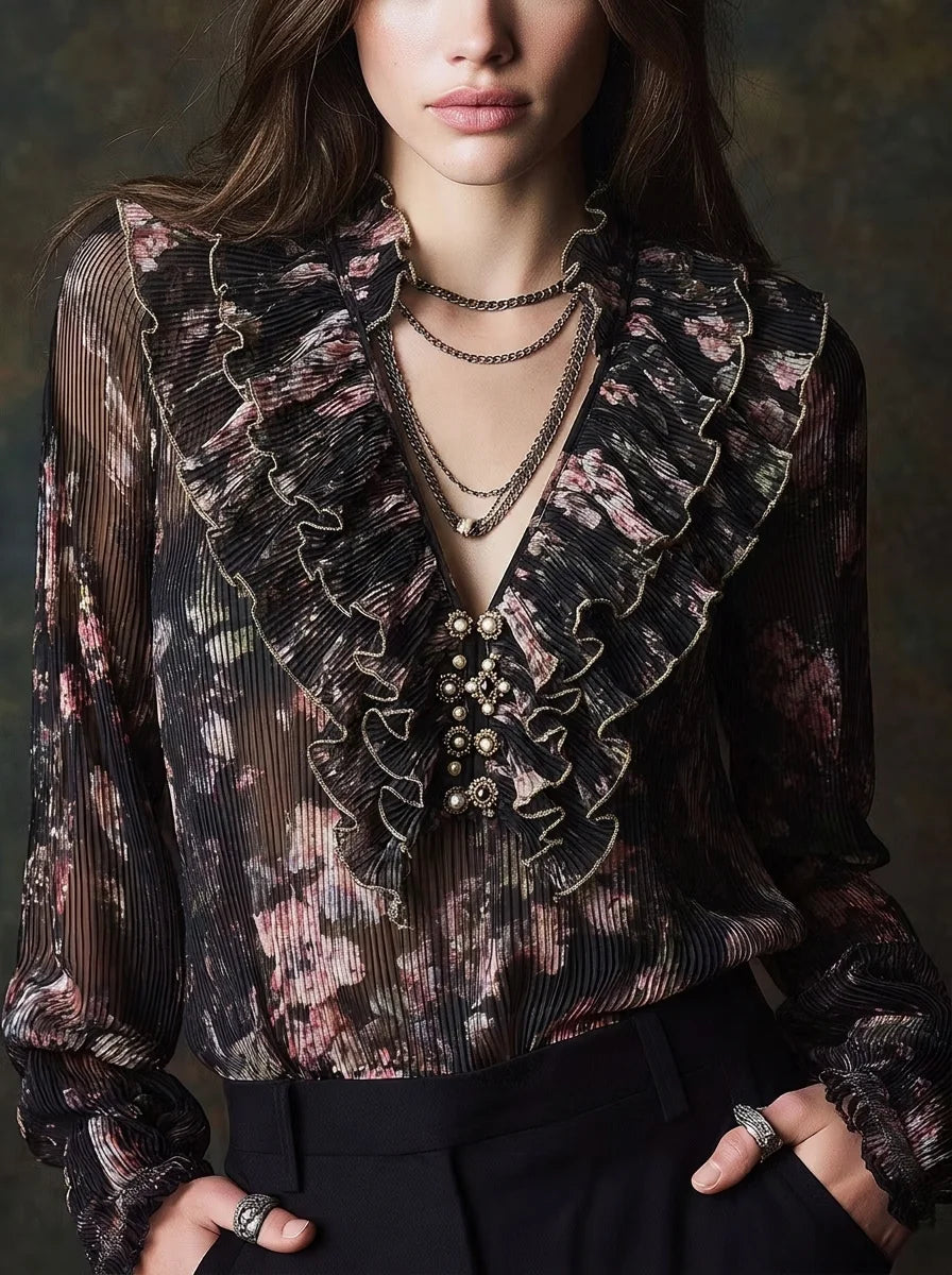 Dark Floral Print Pleated Chiffon Ruffle V Neck Blouse, Gold Trim Pearl Button Long Flare Sleeve Semi Sheer Top