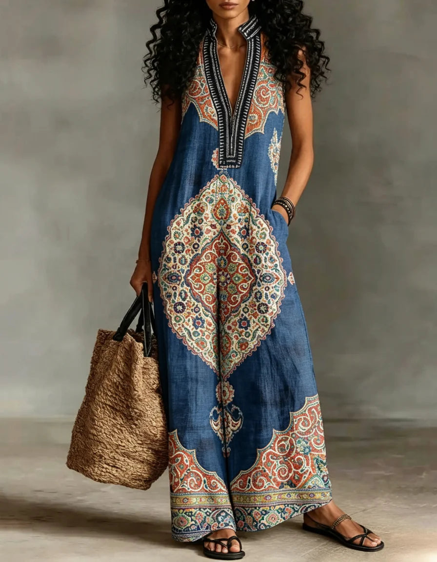 Women Boho Sleeveless V-Neck Printed Wide Leg Casual Jumpsuit