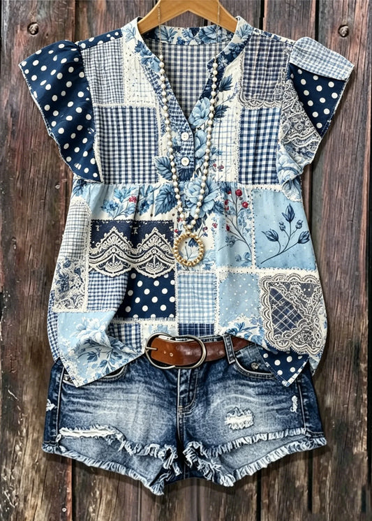 Patchwork Plaid Floral Print Ruffle Cap Sleeve V Neck Blouse, Vintage Blue Patchwork Boho Casual Top