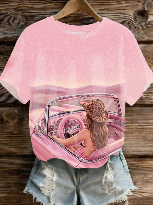 Pink Gradient Leopard Cowgirl Hat Driver Pink Vintage Convertible Sunset Scenery Print Crew Neck Short Sleeve T-shirt