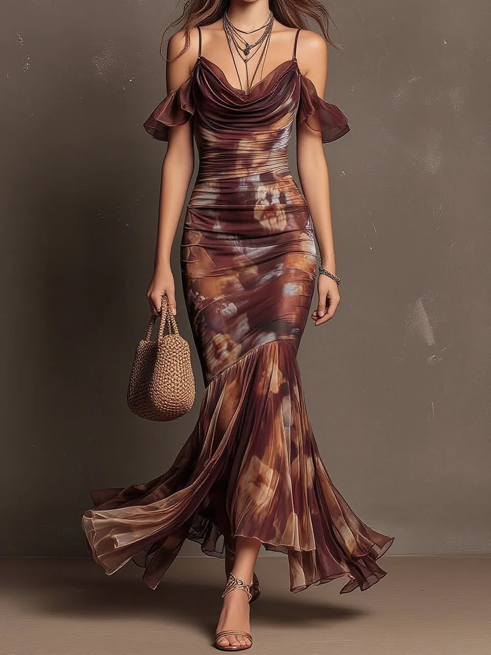 Brown Tie-Dye Print Cami Off-Shoulder Ruffle Mesh Mermaid Maxi Dress(pre order)