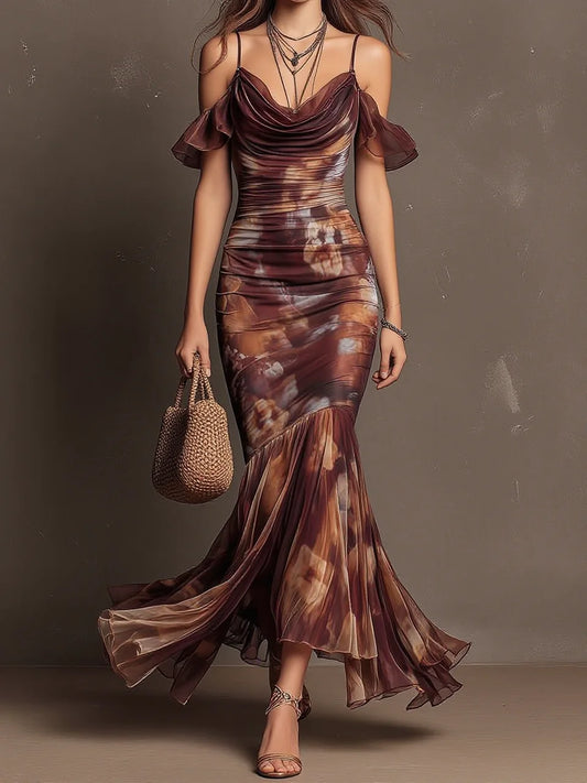 Brown Tie-Dye Print Cami Off-Shoulder Ruffle Mesh Mermaid Maxi Dress(pre order)