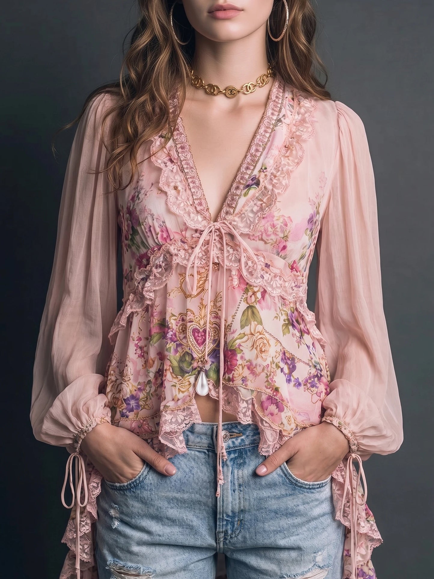Pink Floral Print Lace Ruffle V Neck Tie Front Long Puff Sleeve Peplum Blouse