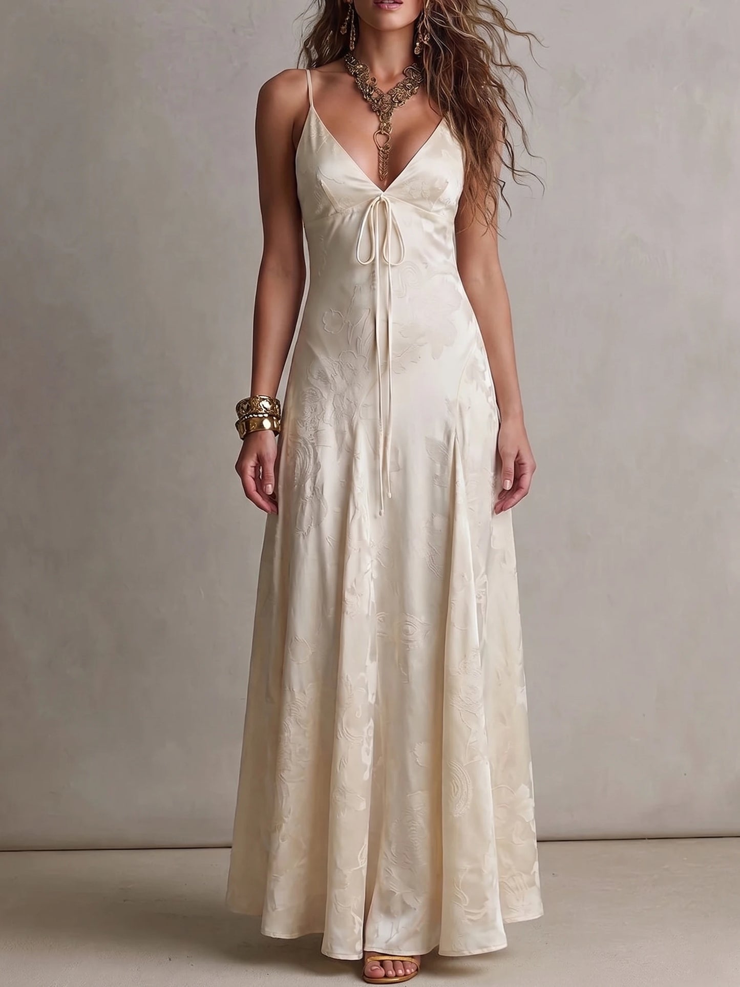 Women Deep V Tie Front Embossed Floral Satin Spaghetti Strap Maxi Slip Dress