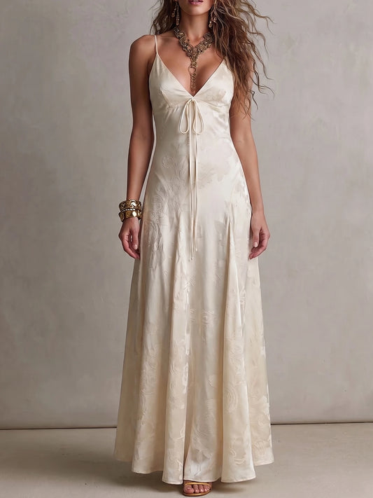 Women Deep V Tie Front Embossed Floral Satin Spaghetti Strap Maxi Slip Dress
