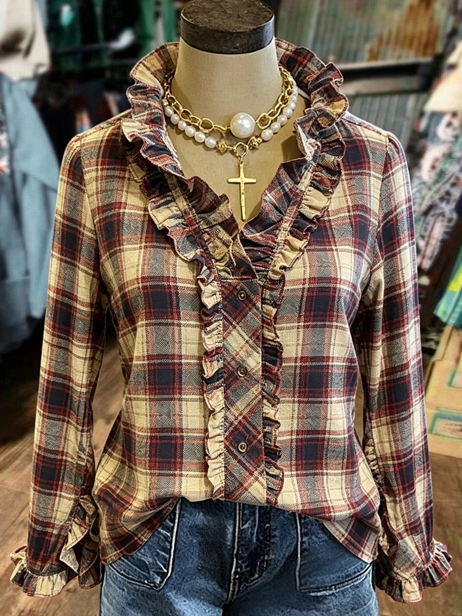 Women Ruffle V Neck Long Sleeve Western Casual Button Down Blouse