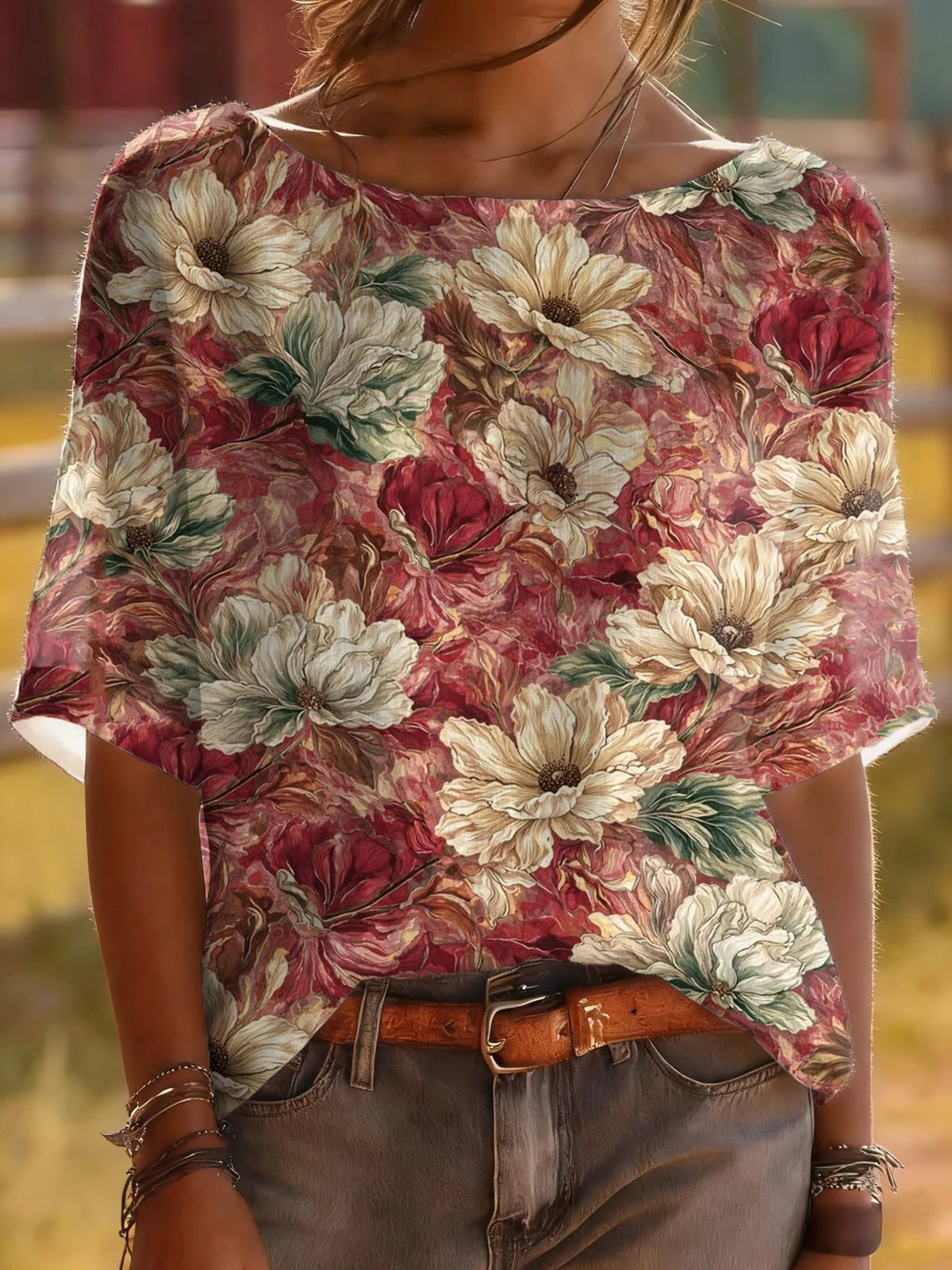 Women Boat Neck Short Sleeve All Over Vintage Floral Print Lightweight Casual Blouse