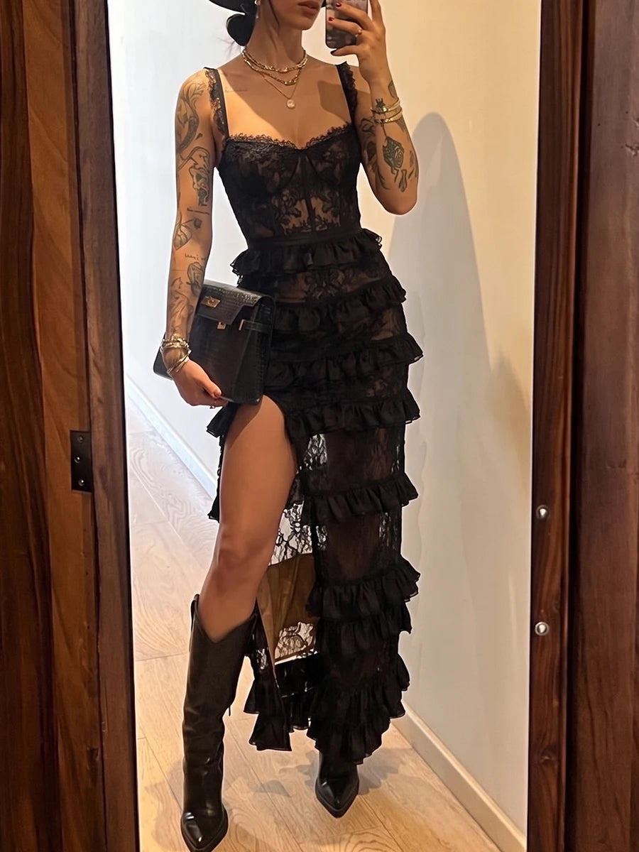Scalloped Strap Tiered Ruffle High Slit Sheer Black Lace Maxi Dress