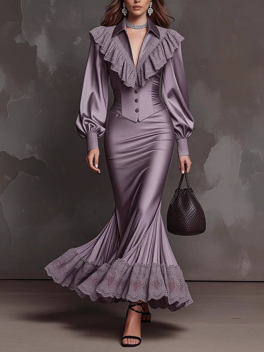 Lavender Satin Lace Ruffle Collar Corset Top & Mermaid Skirt Set(pre order)