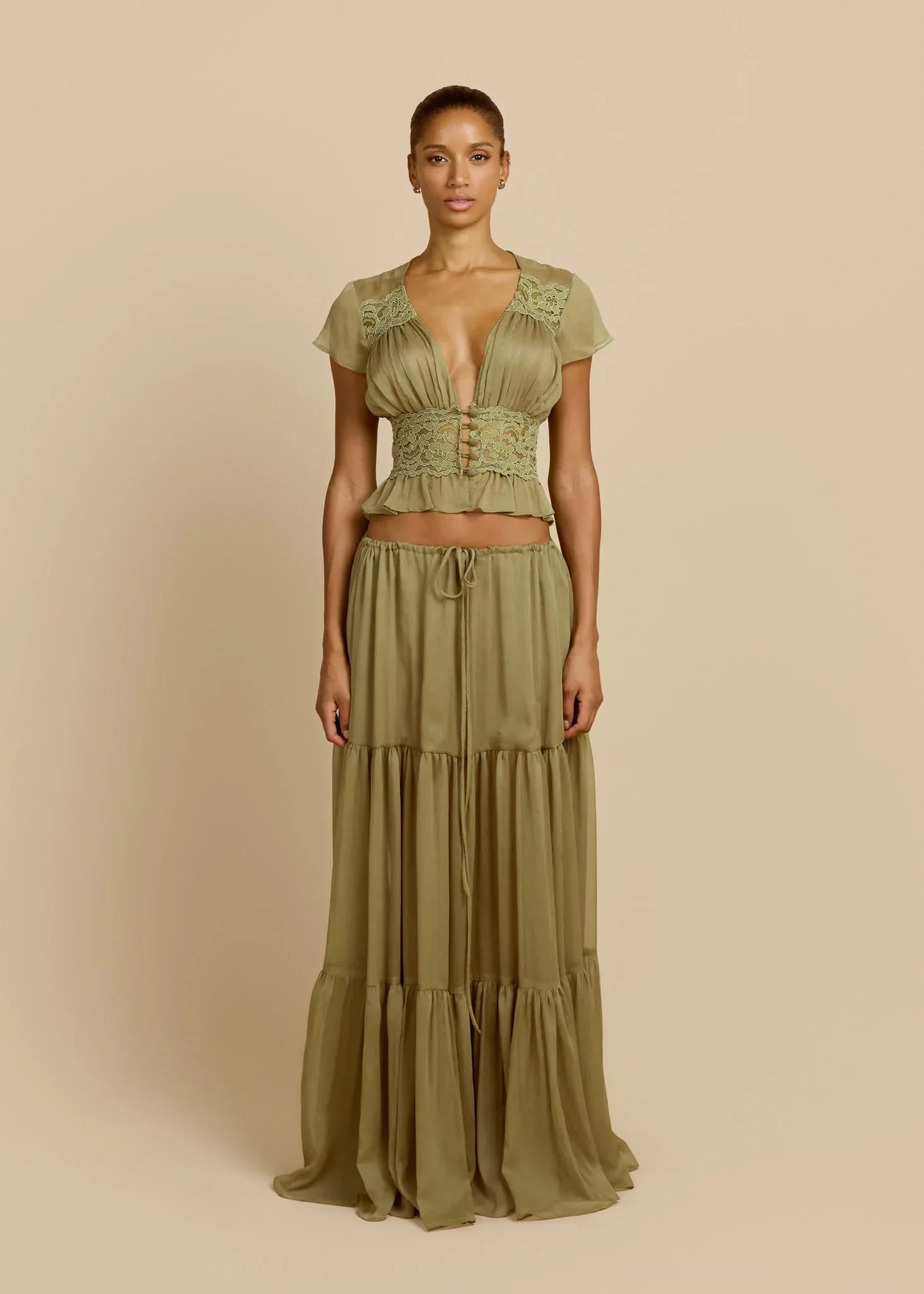Olive Green Lace Trim Set - French Romantic Two-Piece Set