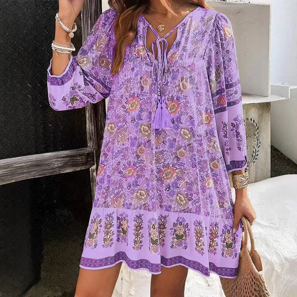 Boho Printed Tie-Neck Tassel Ruffle Mini Dress | Vacation Style Loose A-Line Dress