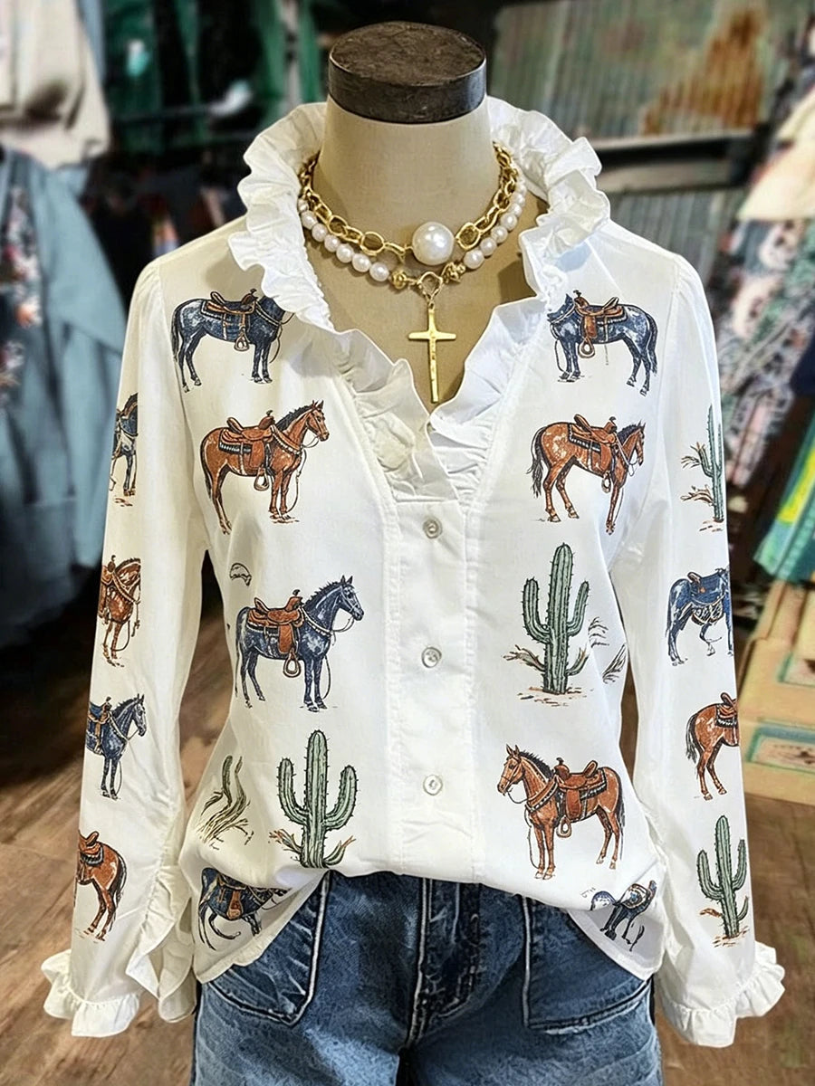 Women Ruffle V Neck Long Sleeve Western Casual Button Down Blouse