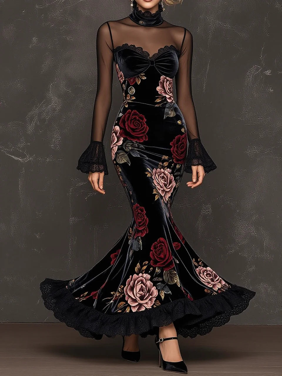 Black Velvet Rose Print Mesh Panel High Neck Mermaid Gown(pre order)