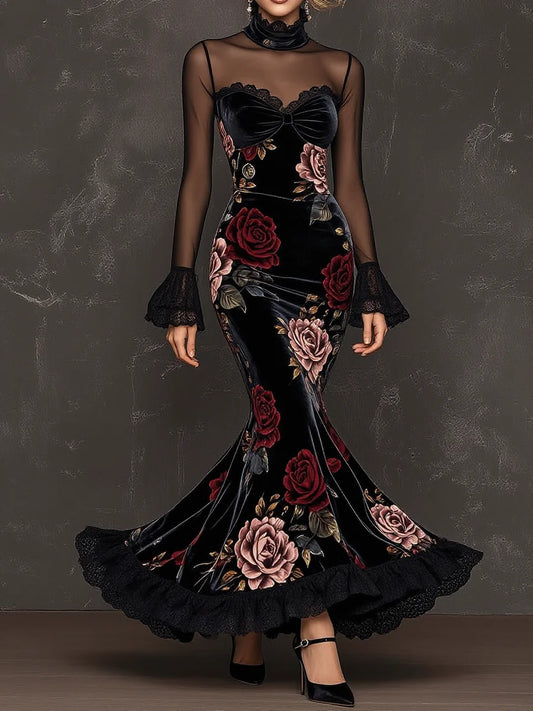 Black Velvet Rose Print Mesh Panel High Neck Mermaid Gown(pre order)