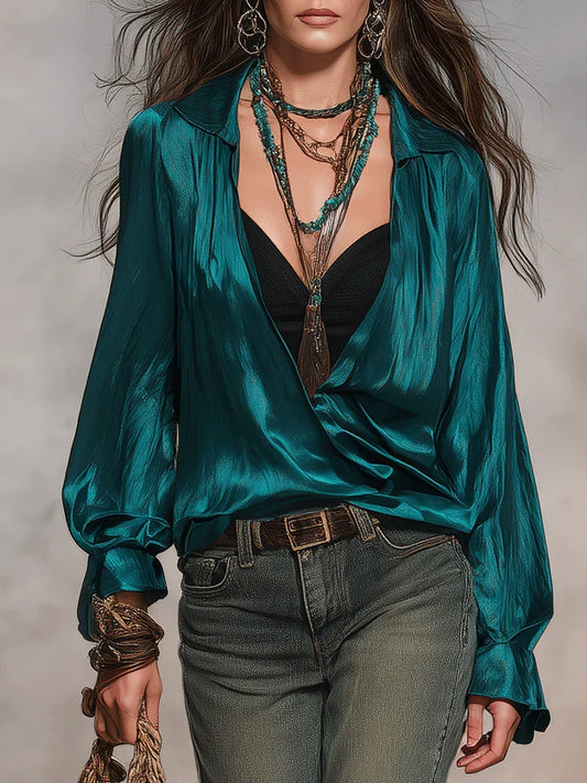 Peacock Green Satin Lapel Twist Wrap Long Sleeve Blouse