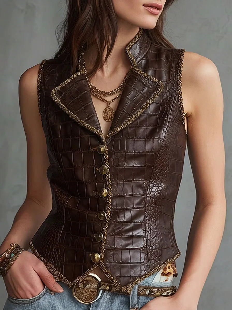 Dark Brown Crocodile Embossed Faux Leather Vest with Gold Braid Trim, Vintage Western Lapel Button Front Slim Waistcoat