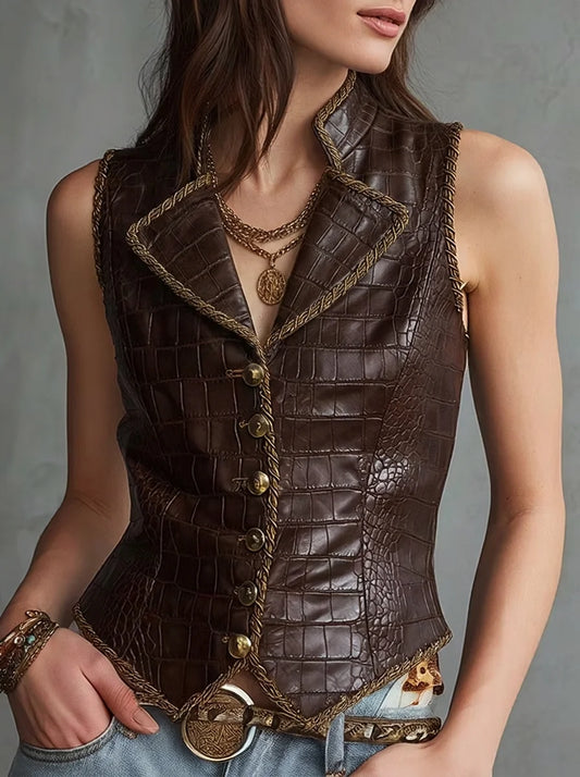 Dark Brown Crocodile Embossed Faux Leather Vest with Gold Braid Trim, Vintage Western Lapel Button Front Slim Waistcoat