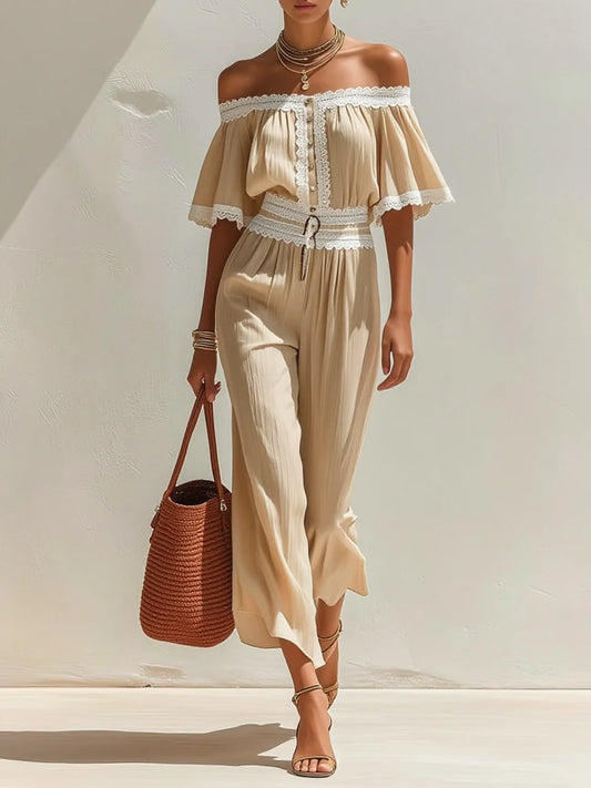 Beige Lace Trim Off-Shoulder Wide-Leg Jumpsuit