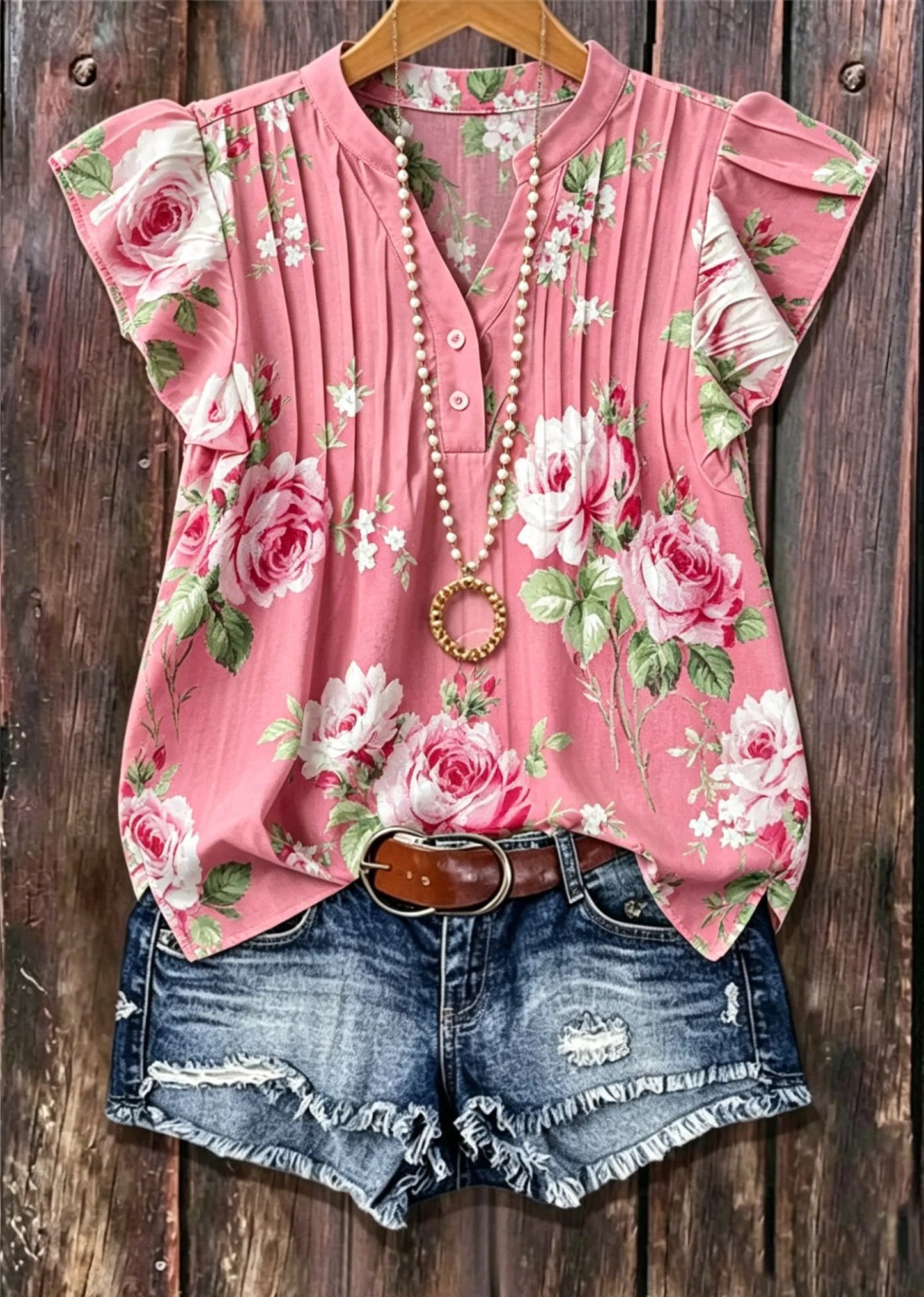 Pink Big Rose Floral Print Pleated Cap Sleeve V Neck Blouse, Vintage Ruffle Short Sleeve Casual Summer Top