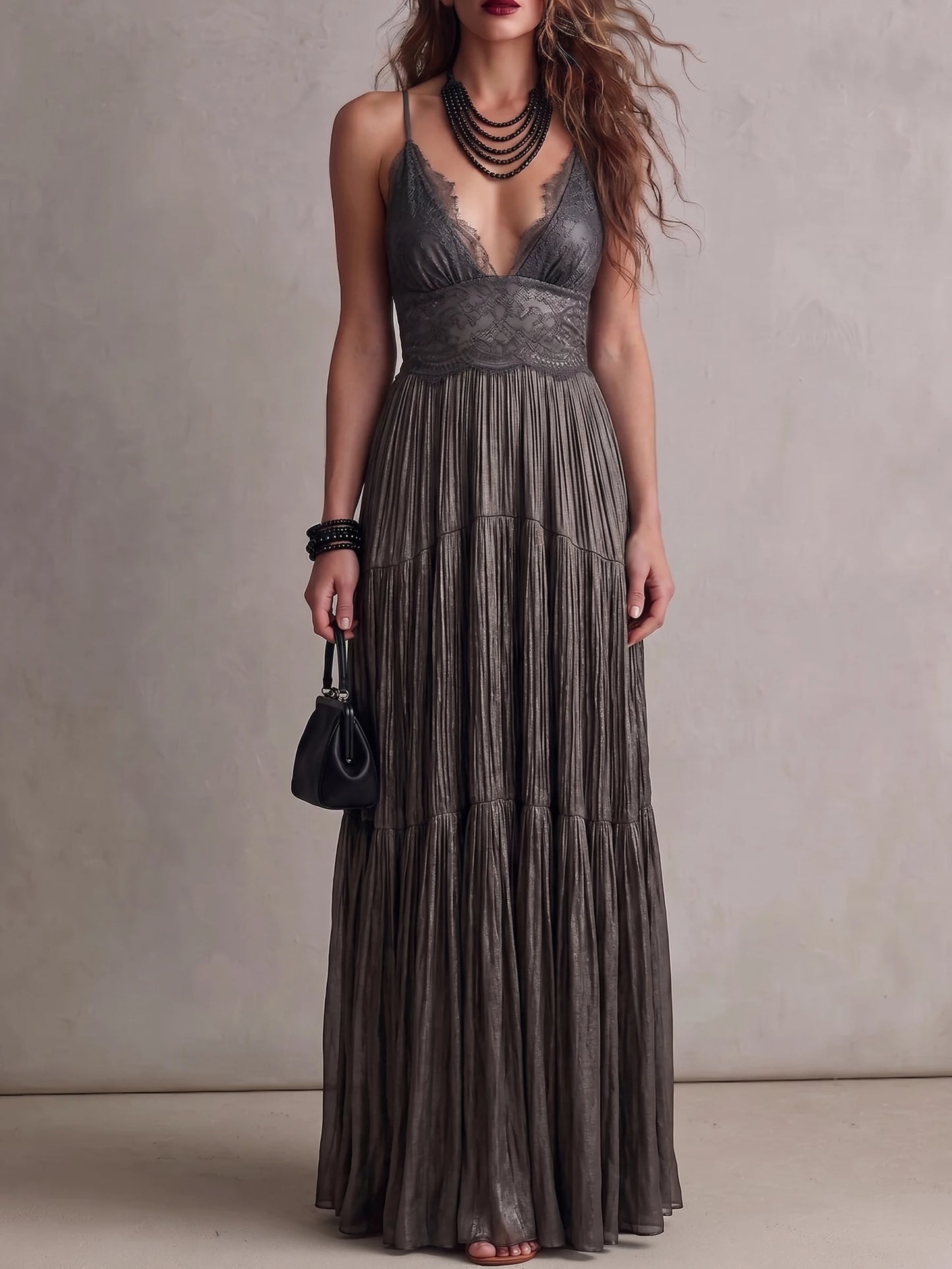 Charcoal Gray Lace Deep V Spaghetti Strap Tiered Pleated Maxi Dress