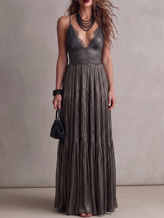 Charcoal Gray Lace Deep V Spaghetti Strap Tiered Pleated Maxi Dress