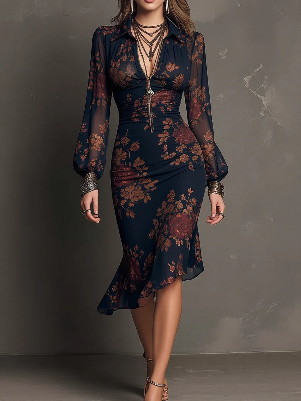 Navy Vintage Floral Print Collared Sheer Waisted Midi Dress