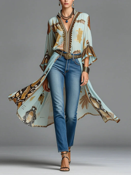 Light Blue Abstract Animal Print V-Neck Flare Sleeve Long Cardigan Cover-Up