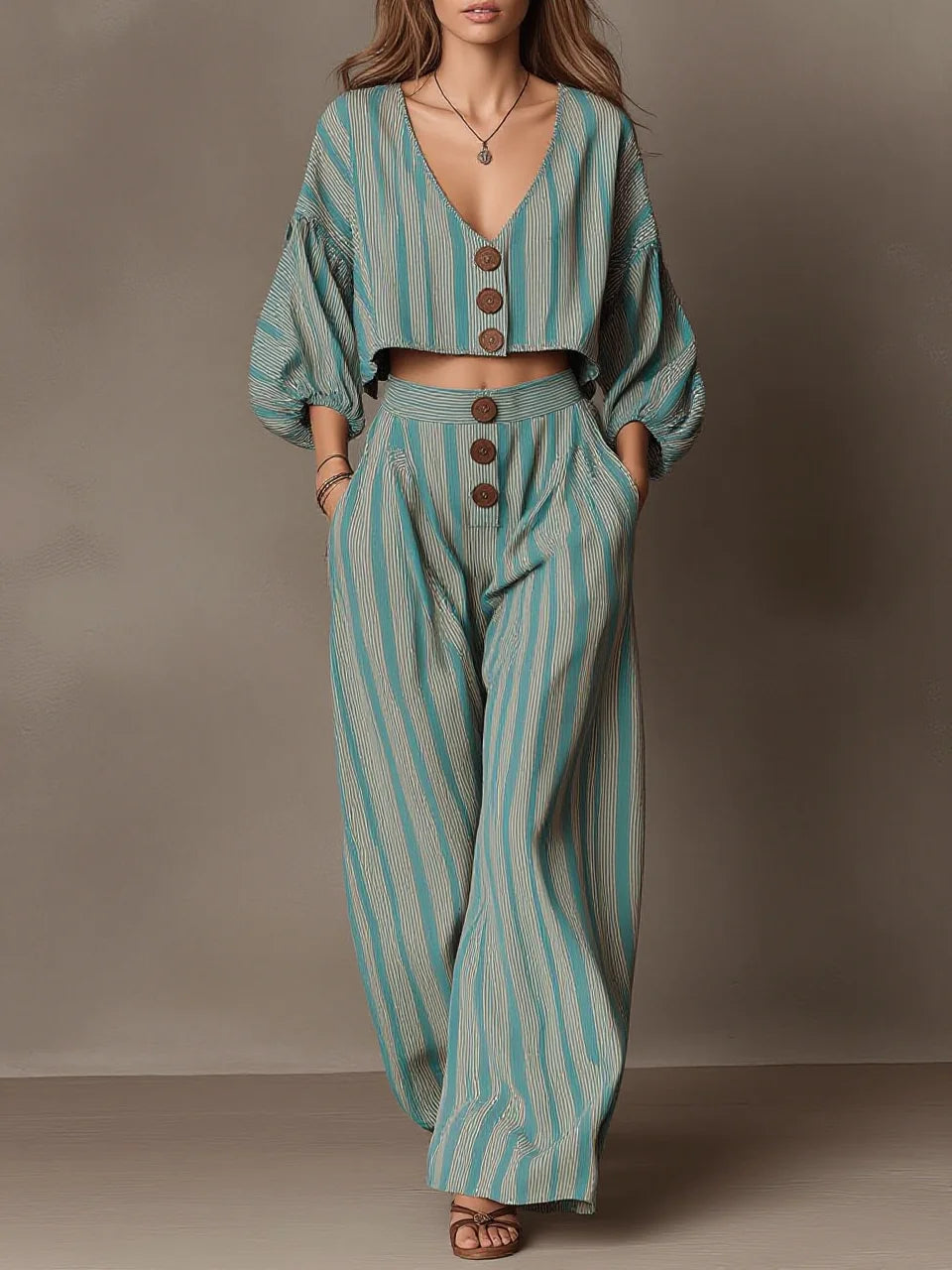 Blue White Stripe Puff Sleeve Crop Top Wide Leg Pants Two Piece Set