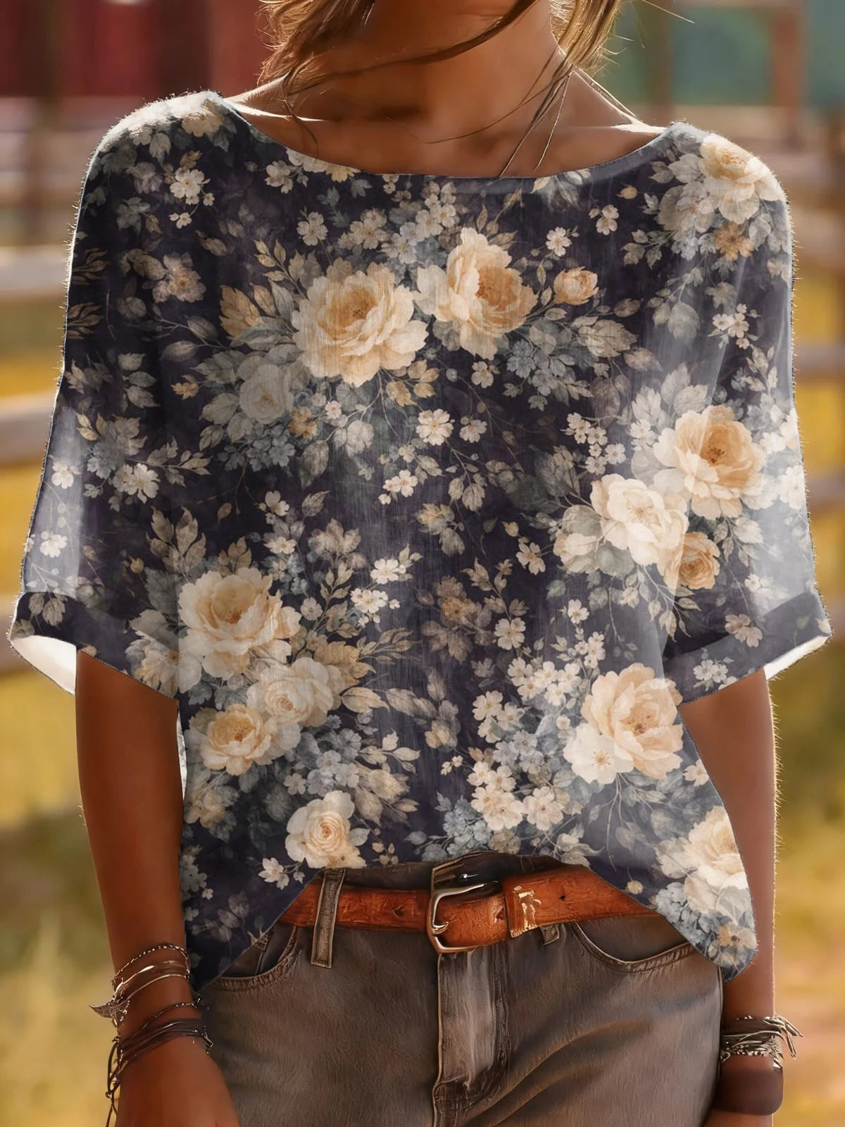 Women Boat Neck Short Sleeve All Over Vintage Floral Print Lightweight Casual Blouse