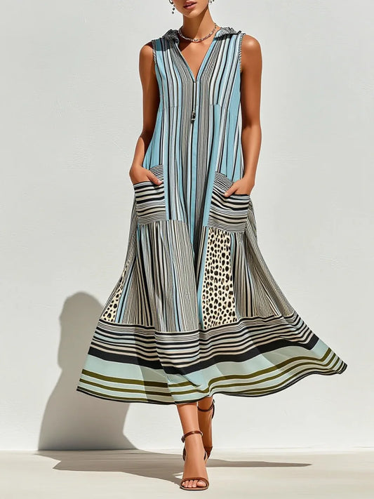 Stripe Leopard Patchwork Collared Sleeveless V-Neck Zip Maxi Dress