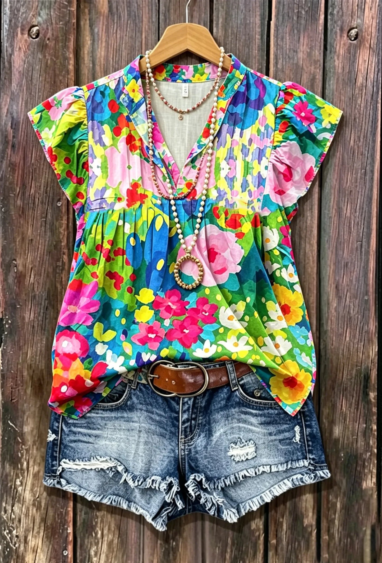 Colorful Oil Painting Floral Print Henley Neck Pleated Ruffle Sleeve Blouse