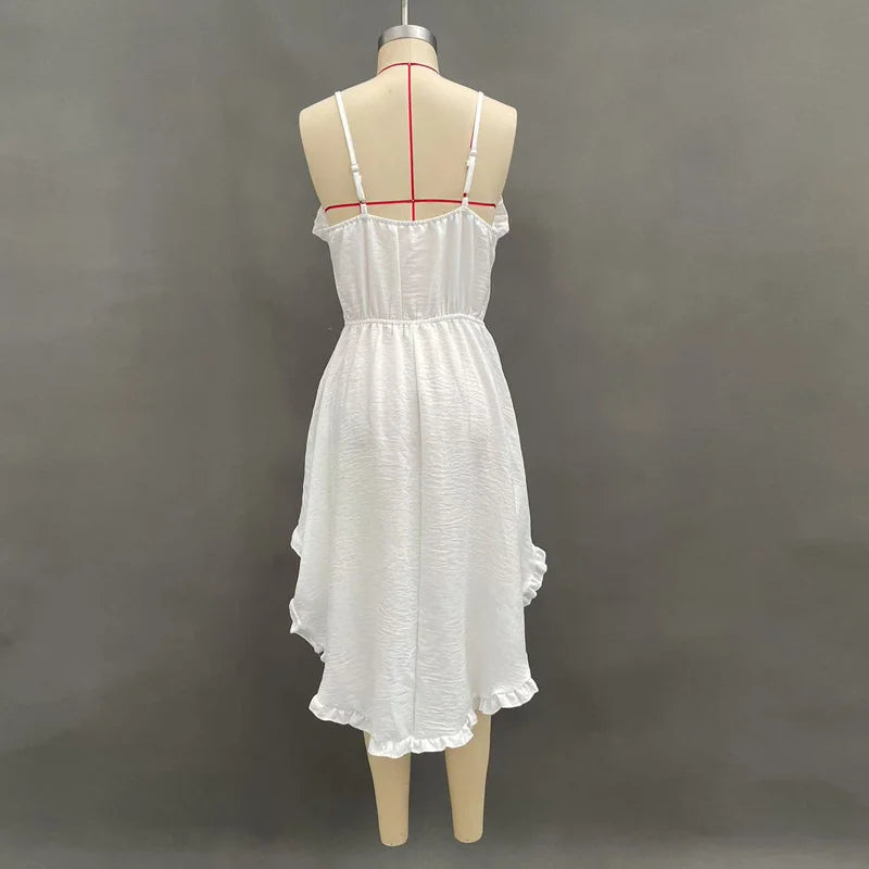 Boho V-Neck Ruffle Irregular Hem Cami Mini Dress | Vacation Beach Niche Design Dress