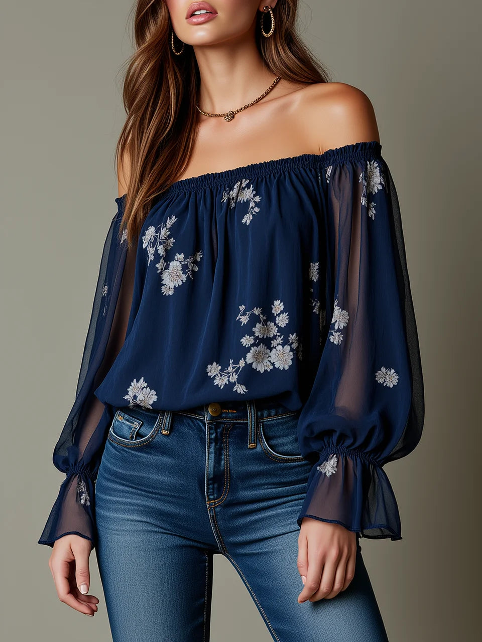 Women Off Shoulder Floral Embroidery Sheer Puff Long Sleeve Chiffon Blouse