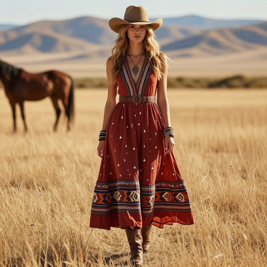 Deep V Backless Sleeveless Ethnic Geo Print Waisted Boho Maxi Dress