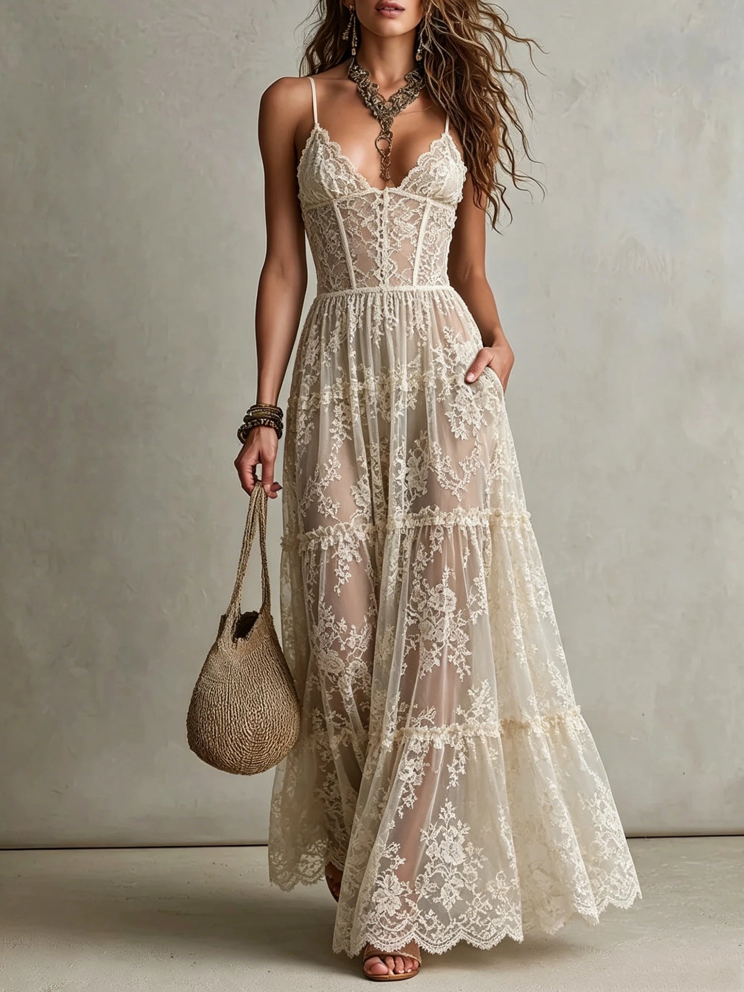 Women Spaghetti Strap Deep V Corset Floral Lace Tiered Sheer Maxi Dress