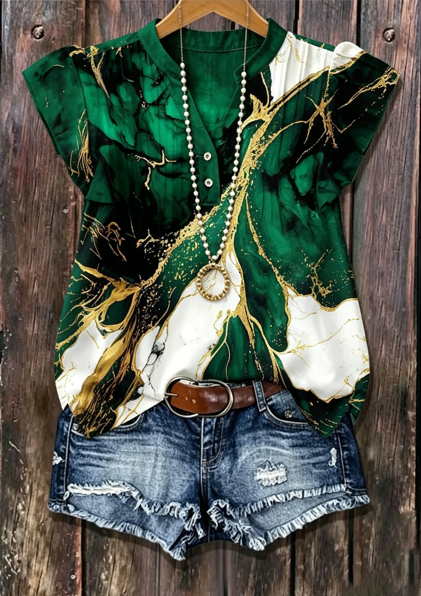 Green White Gold Marble Print V-Neck Ruffle Sleeve Blouse