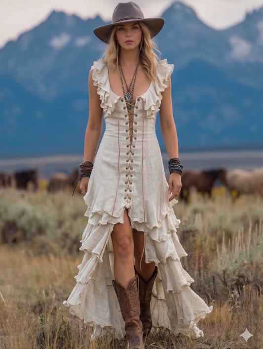 V Neck Lace Up Ruffle Front Split Irregular Bohemian Linen Maxi Dress