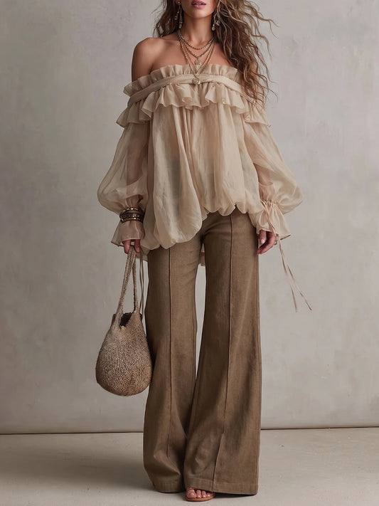 Women Off Shoulder Ruffled Sheer Puff Sleeve Loose Casual Blouse