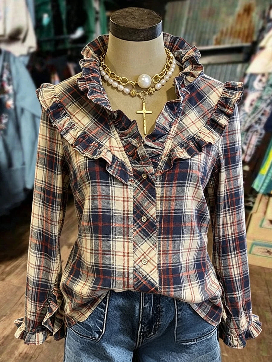 Women Ruffle V Neck Long Sleeve Western Casual Button Down Blouse