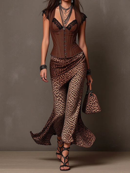 Brown Lace Trim Corset Top & Leopard Print Mermaid Skirt Set(pre order)