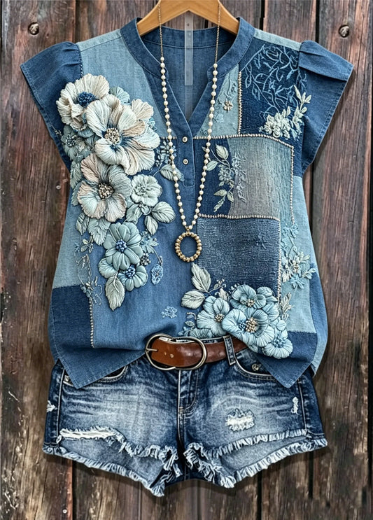Patchwork Denim 3D Floral Embroidery Cap Sleeve V Neck Blouse, Vintage Country Spliced Jean Casual Top