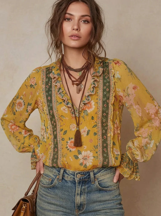 Ginger Yellow Vintage Floral Ruffled V-Neck Flare Sleeve Blouse