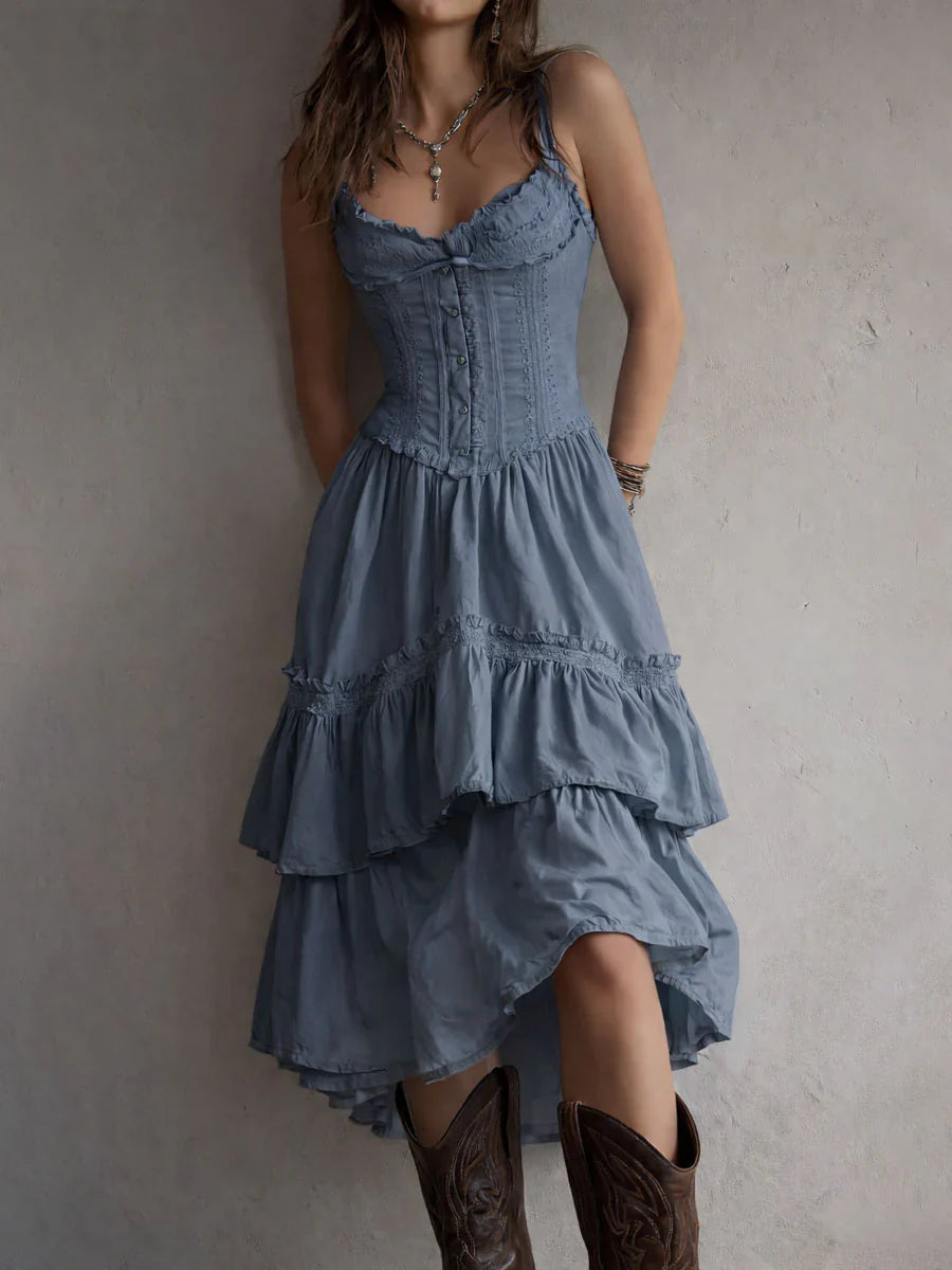 Retro Boho White Corset Tiered Midi Dress With Lace-Trim