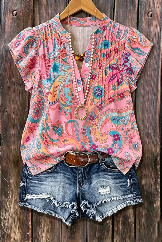 Pink Paisley Print Henley Neck Pleated Ruffle Sleeve Blouse