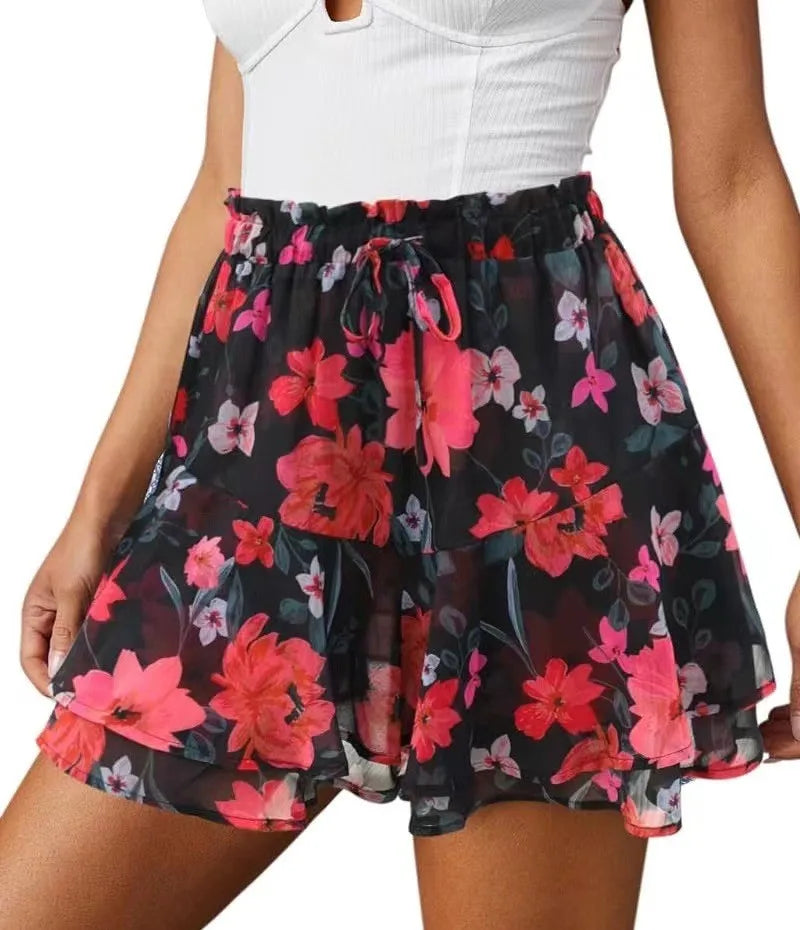 Boho Print Drawstring Elastic Waist Double Layer Ruffle Chiffon Mini Skirt