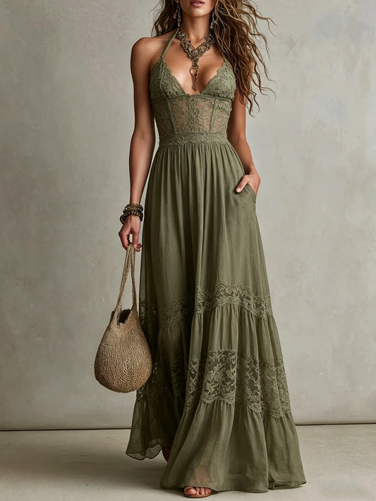 Women Halter Deep V Lace Corset Tiered Linen Blend Maxi Dress with Pockets